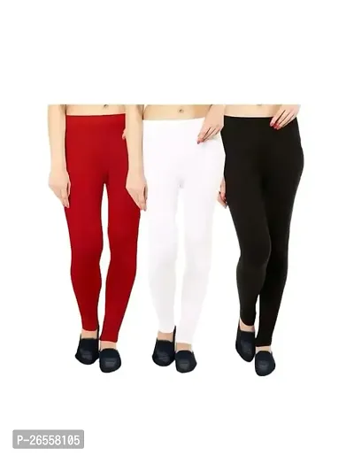 PR PINK ROYAL Women's Solid Cotton Viscose Lycra Regular Fit Leggings Combo Pack 3 | Color Red,White,Black