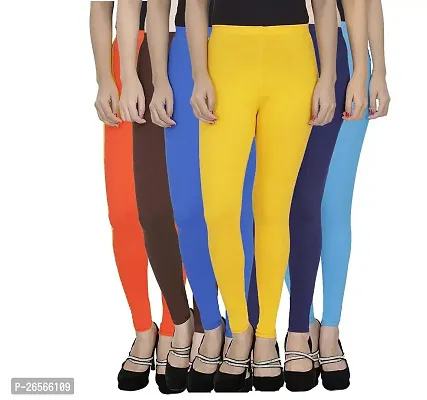 Aaru Collection Stretchable Cotton Ankle Length Leggings for Women Combo Pack of 6 - Free Size (Yellow+Orange+Brown+Blue+Dark Blue+Light Blue)