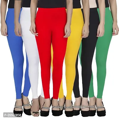 Aaru Collection Stretchable Cotton Ankle Length Leggings for Women Combo Pack of 6 - Free Size (Blue+White+Red+Yellow+Black+Green)-thumb0