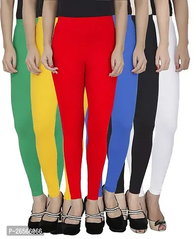 Aaru Collection Stretchable Cotton Ankle Length Leggings for Women Combo Pack of 6 - Free Size (Green+Yellow+Red+Blue+Black+White)