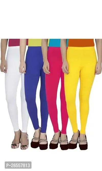 PR PINK ROYAL Women's Solid Cotton Viscose Lycra Regular Fit Leggings Combo Pack 4 | Color White,Blue,Pink,Yellow