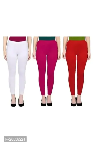 PR PINK ROYAL Women's Solid Cotton Viscose Lycra Regular Fit Leggings Combo Pack 3 | Color White,Pink,Red