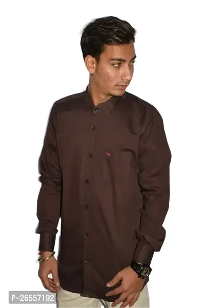 Men's Casual Cotton Shirt 100% Cotton Plain Solid Colors Stylish (Large, Brown)-thumb0