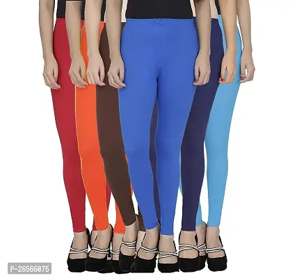 Aaru Collection Stretchable Cotton Ankle Length Leggings for Women Combo Pack of 6 - Free Size (Maroon+Orange+Brown+Blue+Dark Blue+Light Blue)