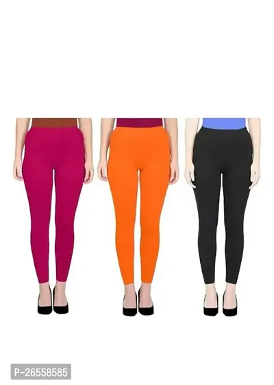 PR PINK ROYAL Women's Solid Cotton Viscose Lycra Regular Fit Leggings Combo Pack 3 | Color Pink,Orange,Black