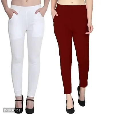 Angelou Creations Women's Cotton Stretchable Ankle Length Pocket Legging Free Size- 26-34 Inch White,Maroon