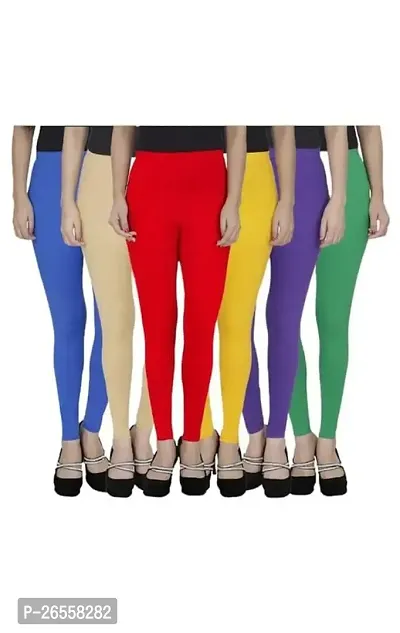 PR PINK ROYAL Women's Solid Cotton Viscose Lycra Regular Fit Leggings Combo Pack 6 | Color Blue,Begie,Red,Yellow,Purple,Green-thumb0