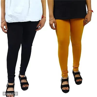 Ruby Soft Super Cotton Lycra Black and Mustard Combo Churidaar Legging/Leggings Free Size Stretchable Waist (Pack of 2)