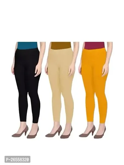 PR PINK ROYAL Women's Solid Cotton Viscose Lycra Regular Fit Leggings Combo Pack 3 | Color Black,Begie,Yellow