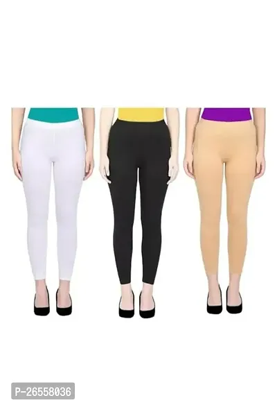 PR PINK ROYAL Women's Solid Cotton Viscose Lycra Regular Fit Leggings Combo Pack 3 | Color White,Black,Begie