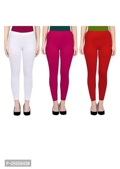 PR PINK ROYAL Women's Solid Cotton Viscose Lycra Regular Fit Leggings Combo Pack 3 | Color White,Pink,Red