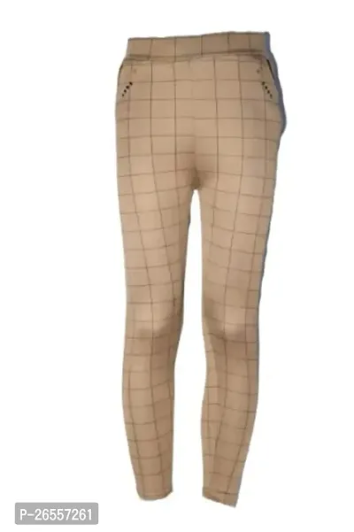 Women's Checks Printed with Side Pockets Stretchable Jegging/Leggings/Jogger/Track Pants (Beige)-thumb0