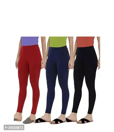 PR PINK ROYAL Women's Solid Cotton Viscose Lycra Regular Fit Leggings Combo Pack 3 | Color Maroon,NavyBlue,Black-thumb0