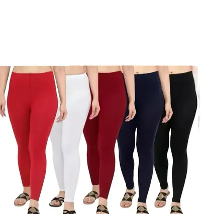 Stylish Cotton Solid Leggings For Women - Pack Of 5