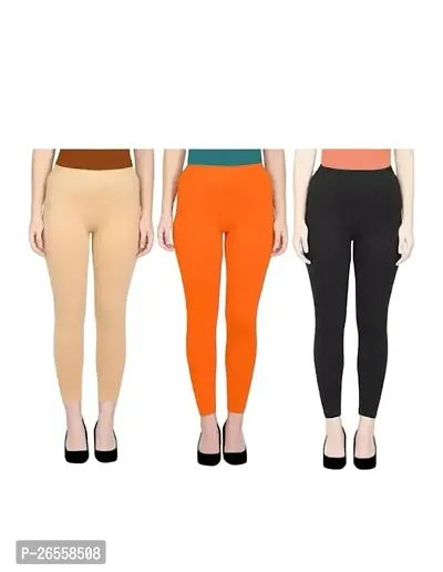 PR PINK ROYAL Women's Solid Cotton Viscose Lycra Regular Fit Leggings Combo Pack 3 | Color Begie,Orange,Black-thumb0