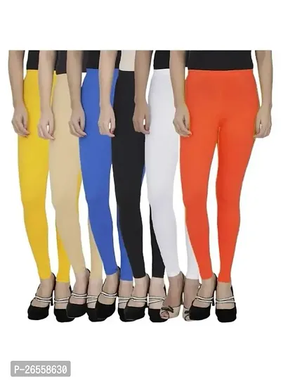 PR PINK ROYAL Women's Solid Cotton Viscose Lycra Regular Fit Leggings Combo Pack 6 | Color Yellow,Begie,LightBlue,Black,White,Orange
