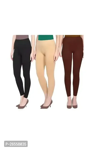 PR PINK ROYAL Women's Solid Cotton Viscose Lycra Regular Fit Leggings Combo Pack 3 | Color Black,begie,Brown-thumb0