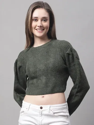 MansiCollections Women's Acrylic Turtle Neck Full Sleeve Crop Green Sweater
