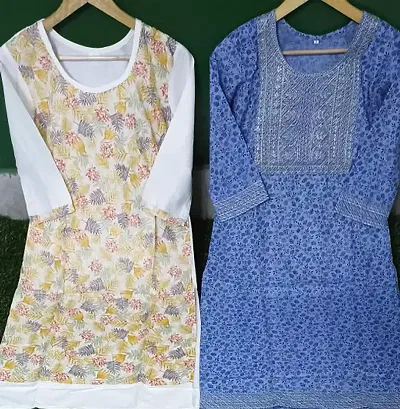 Fancy Cotton A-Line Printed Kurti - Pack of 2