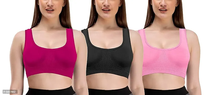 LADYCHOICE Women Nylon Spandex Non Padded Non-Wired Air Sports Bra (Pack of 3) (Magenta-Black-BabyPink)