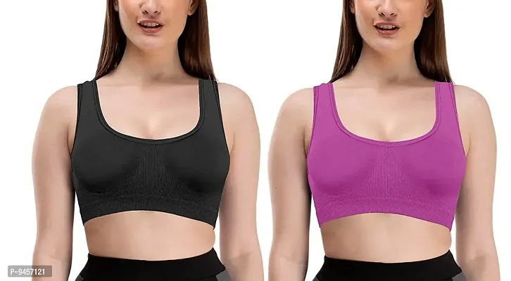 LADYCHOICE Women Nylon Spandex Non Padded Non-Wired Air Sports Bra Black-Purple