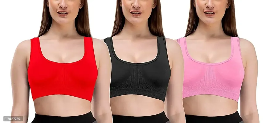 LADYCHOICE Women Nylon Spandex Non Padded Non-Wired Air Sports Bra (Pack of 3) (Red-Black-BabyPink)-thumb0