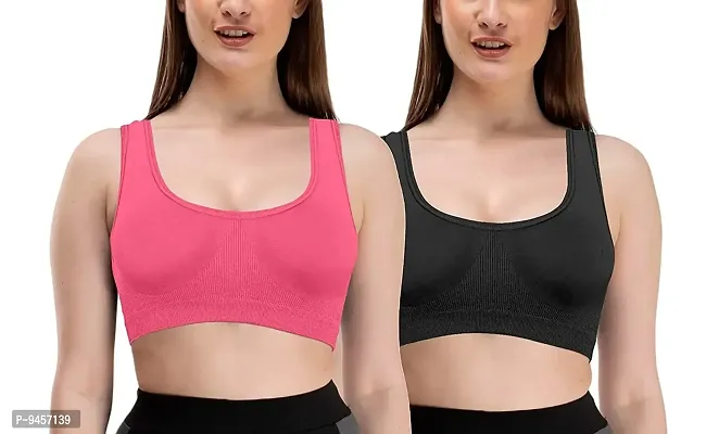 LADYCHOICE Women Nylon Spandex Non Padded Non-Wired Air Sports Bra Black-Peach