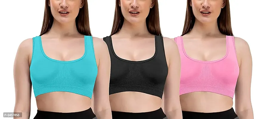 LADYCHOICE Women Nylon Spandex Non Padded Non-Wired Air Sports Bra (Pack of 3) (SkyBlue-Black-Baby Pink)