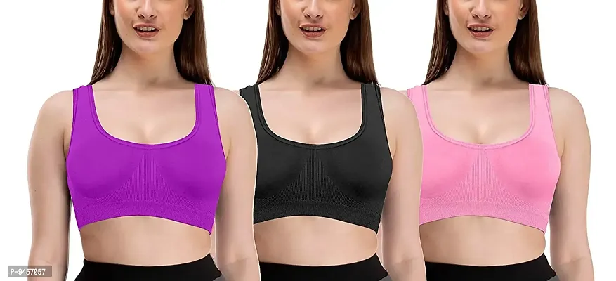 LADYCHOICE Women Nylon Spandex Non Padded Non-Wired Air Sports Bra (Pack of 3) (Purple-Black-BabyPink)