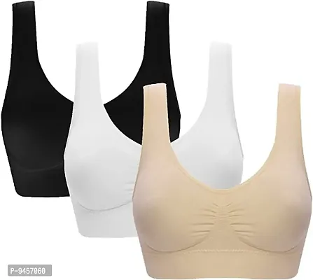 LADYCHOICE Women Nylon Spandex Non Padded Non-Wired Air Sports Bra (Pack of 3) (White-Skin-Black)