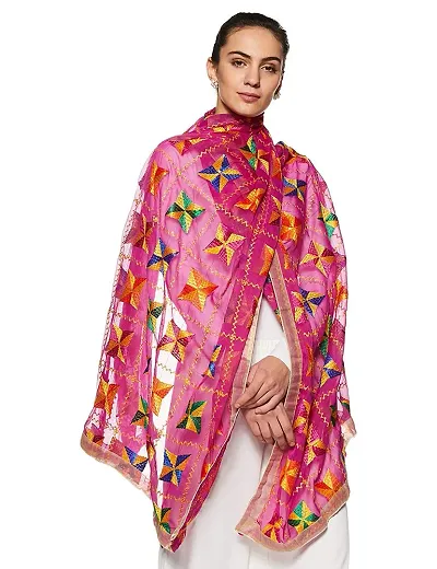 VEER Women's Phulkari Booti Dupatta Women's Indian Handicraft Ethnic Dupatta Phulkari Embroided Dupatta Chunni/Stole/Scarf (Free Size) (Pink)