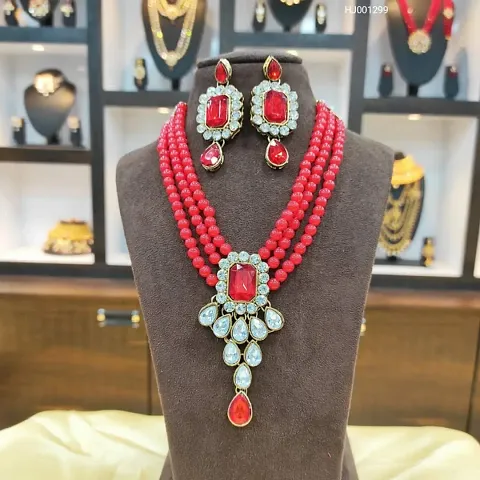 Bead and Stone Studded Necklace Set with Earring