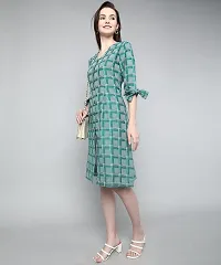 ANUSHIL Cotton Checkerd Flared Sleeves V-Neck with Buttons Knee Length Dress A-line Kurti for Girl's (Color:-Green, Size:-M)-thumb4