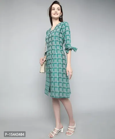 ANUSHIL Cotton Checkerd Flared Sleeves V-Neck with Buttons Knee Length Dress A-line Kurti for Girl's (Color:-Green, Size:-M)-thumb5