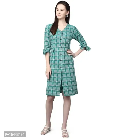 ANUSHIL Cotton Checkerd Flared Sleeves V-Neck with Buttons Knee Length Dress A-line Kurti for Girl's (Color:-Green, Size:-M)-thumb0