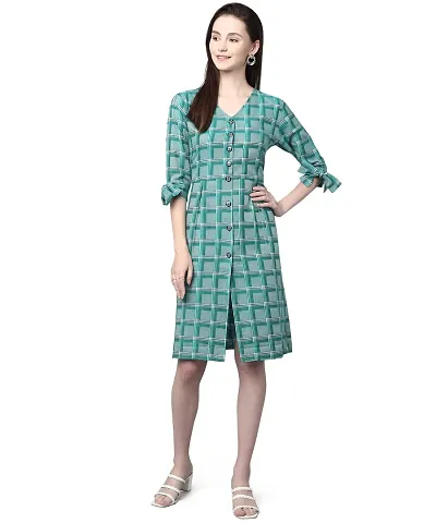 ANUSHIL Cotton Checkerd Flared Sleeves V-Neck with Buttons Knee Length Dress A-line Kurti for Girl's (Color:-Green, Size:-M)