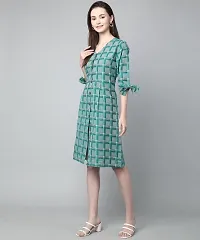 ANUSHIL Cotton Checkerd Flared Sleeves V-Neck with Buttons Knee Length Dress A-line Kurti for Girl's (Color:-Green, Size:-M)-thumb3