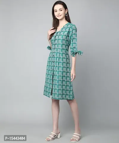 ANUSHIL Cotton Checkerd Flared Sleeves V-Neck with Buttons Knee Length Dress A-line Kurti for Girl's (Color:-Green, Size:-M)-thumb4
