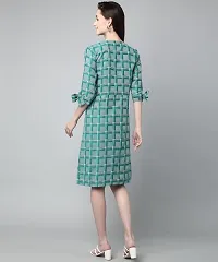 ANUSHIL Cotton Checkerd Flared Sleeves V-Neck with Buttons Knee Length Dress A-line Kurti for Girl's (Color:-Green, Size:-M)-thumb1