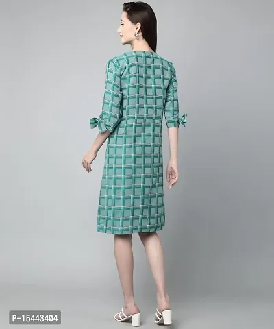 ANUSHIL Cotton Checkerd Flared Sleeves V-Neck with Buttons Knee Length Dress A-line Kurti for Girl's (Color:-Green, Size:-M)-thumb2