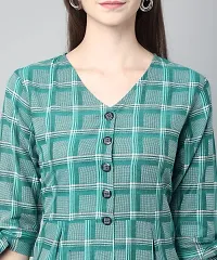 ANUSHIL Cotton Checkerd Flared Sleeves V-Neck with Buttons Knee Length Dress A-line Kurti for Girl's (Color:-Green, Size:-M)-thumb2