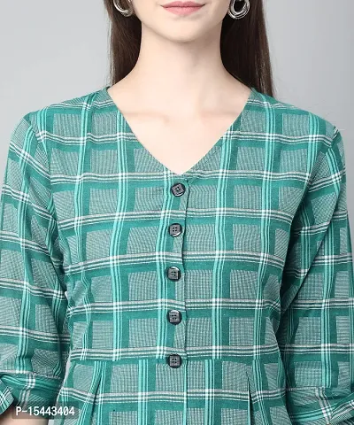ANUSHIL Cotton Checkerd Flared Sleeves V-Neck with Buttons Knee Length Dress A-line Kurti for Girl's (Color:-Green, Size:-M)-thumb3