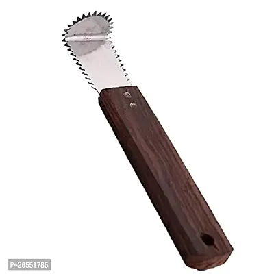 Qts Coconut Grater Steel, Scrapper Wood Hand Kitchen Tool, Silver and Brown-thumb2