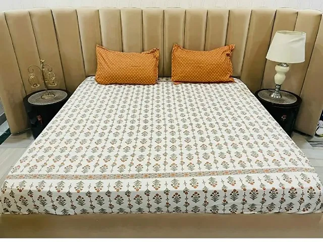 Femfairy 210 GSM Glace Cotton Fitted Double Bedsheet with 2 Pillow Covers (108x108 Inches) Fits Upto 72? x 78? x 8? inches Mattress