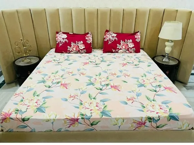 Femfairy 210 GSM Glace Cotton Fitted Double Bedsheet with 2 Pillow Covers (108x108 Inches) Fits Upto 72? x 78? x 8? inches Mattress