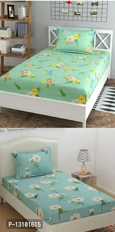 Single Bed Sheet (Elastic Fitted upto 6 inch mattress) With 1 Pillow Cover, Combo pack of 2-thumb0