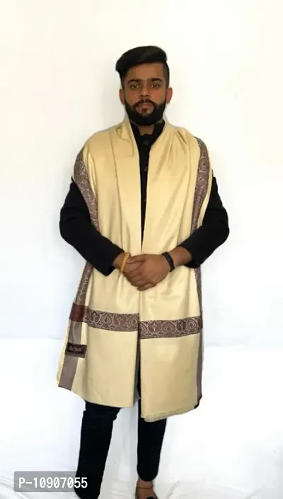 Wool Woven Border Shawl for Men - Beige (Size 50x100 in)