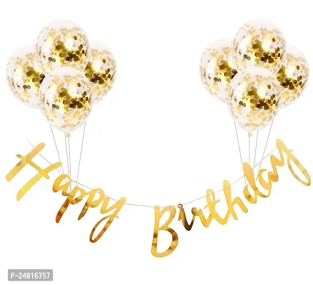 Happy Birthday Golden Cursive Banner And 10 Pcs Premium Golden Confetti Balloon For Birthday Party Decoration-thumb0