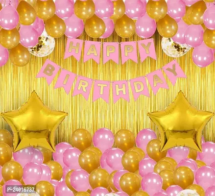 Happy Birthday Decoration Kit Birthday Ka Saman Pink Happy Birthday Banner,2 Pcs Golden Curtain,2 Pcs Star,3 Pcs Confetti,30 Pcs Metallic Balloon 15 Golden,15 Pink