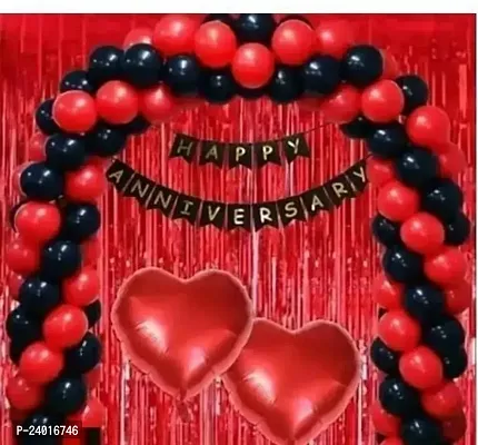 16 Inch Big Heart Foil Happy Anniversary Decoration Set 2 Pcs Red Fringe Curtain,1 Pcs Happy Anniversary Black Banner,2 Pcs Red Heart Foil 16 Inches,30 Pcs Metallic Balloon (5 Red And 15 Black